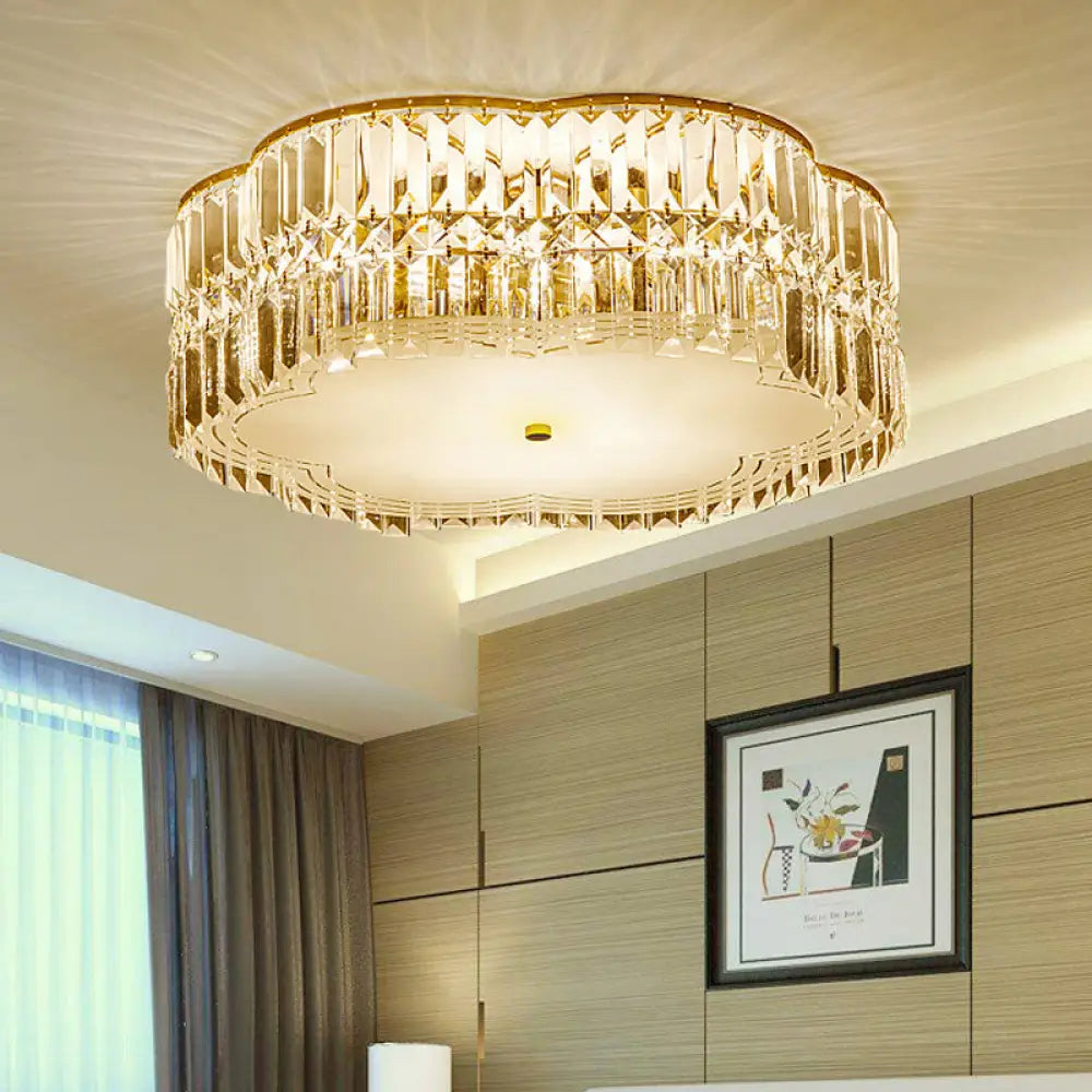 Golden Flower Flush Led Pendant Light With Modern Clear Crystal Design And Acrylic Diffuser -