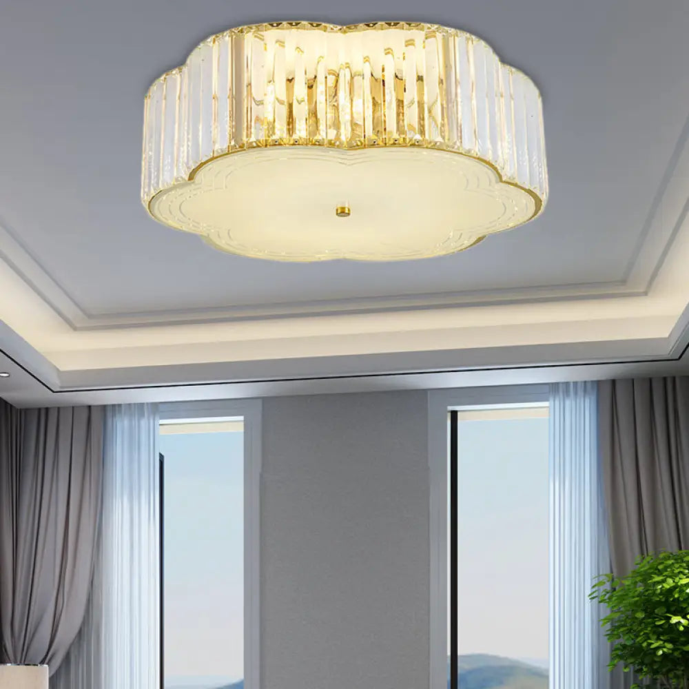 Golden Flower Flush Led Pendant Light With Modern Clear Crystal Design And Acrylic Diffuser -