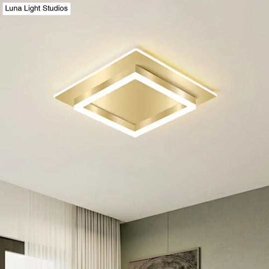 Golden Flush Mount Led Lamp: Minimalist Metal Ceiling Light For Bedroom