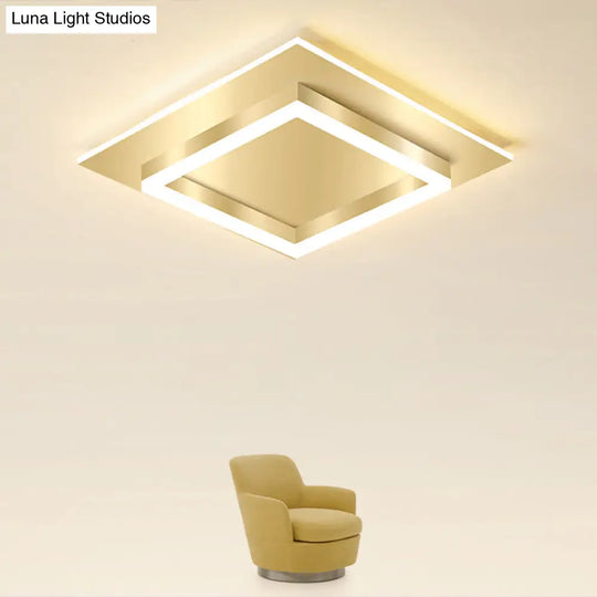 Golden Flush Mount Led Lamp: Minimalist Metal Ceiling Light For Bedroom