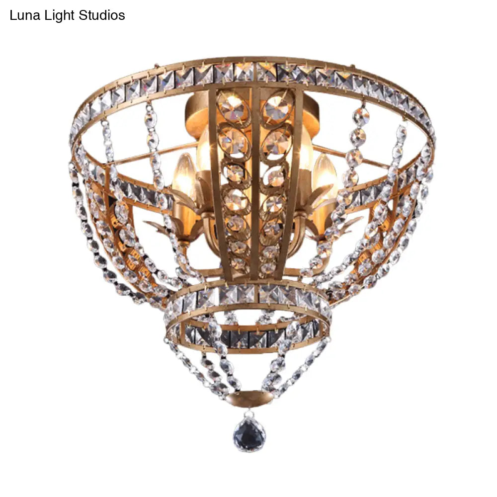 Golden Flushmount Light With 5 Crystal Swag Heads - Farmhouse Bowl Frame Ceiling Fixture
