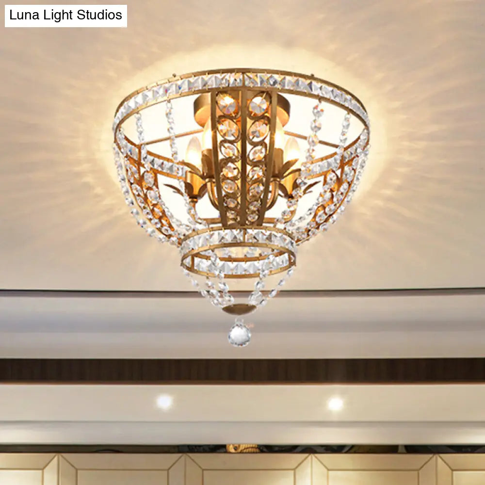 Golden Flushmount Light With 5 Crystal Swag Heads - Farmhouse Bowl Frame Ceiling Fixture Gold