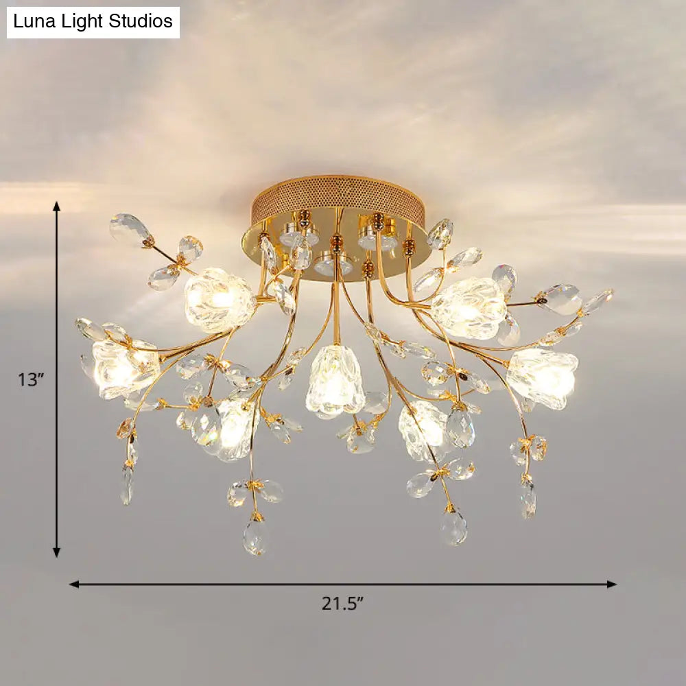 Golden Hand-Cut Crystal Semi Flush Mount Ceiling Fixture With 7 Lights For Sitting Room