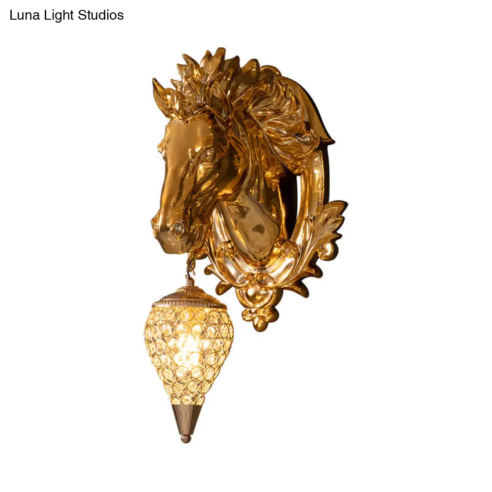 Golden Horse Resin Wall Sconce Lamp With Crystal Teardrop Shade - Traditional Lighting