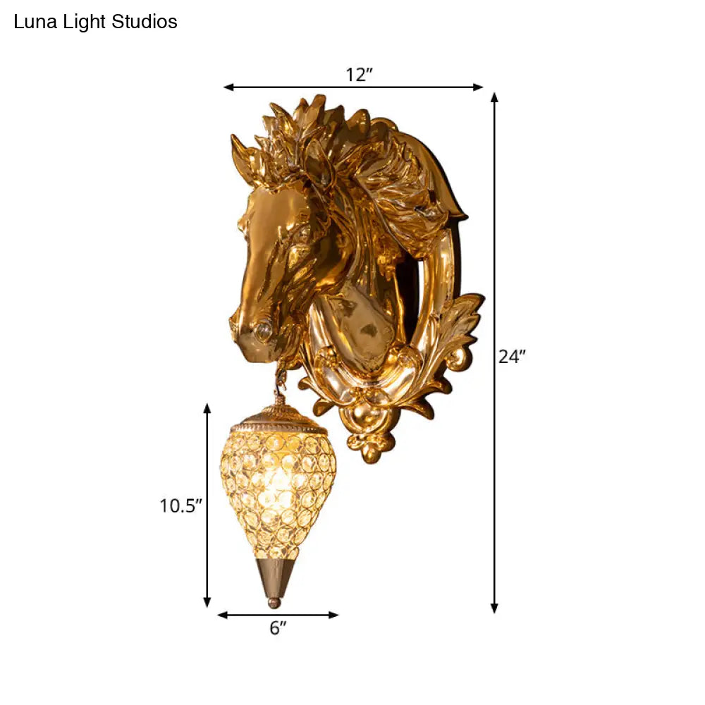 Golden Horse Resin Wall Sconce Lamp With Crystal Teardrop Shade - Traditional Lighting