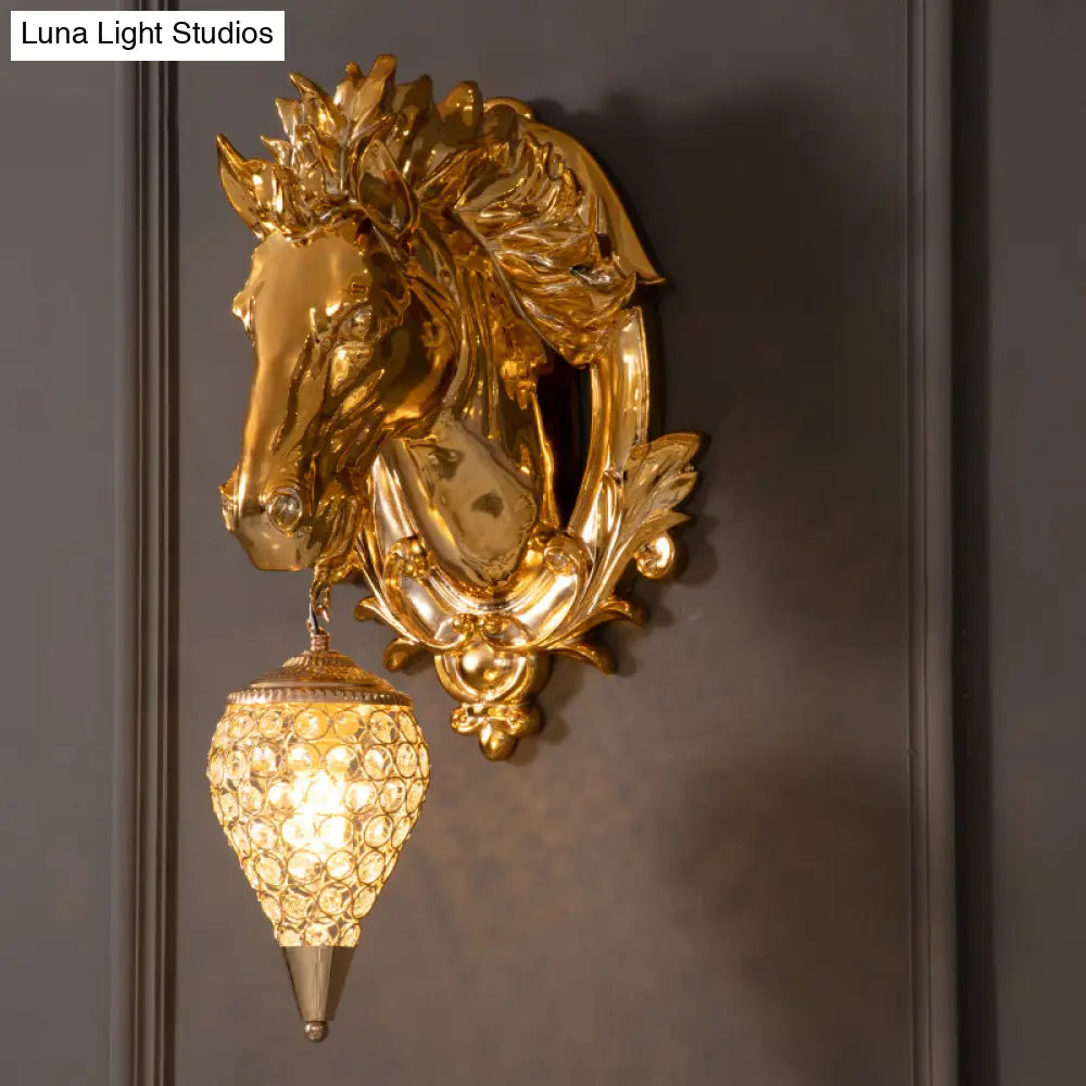 Golden Horse Resin Wall Sconce Lamp With Crystal Teardrop Shade - Traditional Lighting