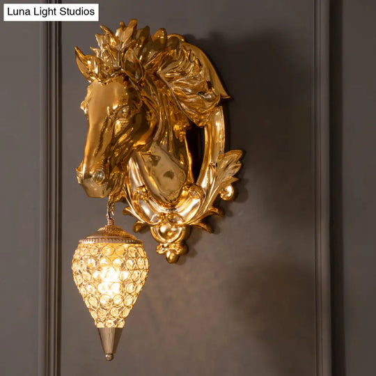 Golden Horse Resin Wall Sconce Lamp With Crystal Teardrop Shade - Traditional Lighting