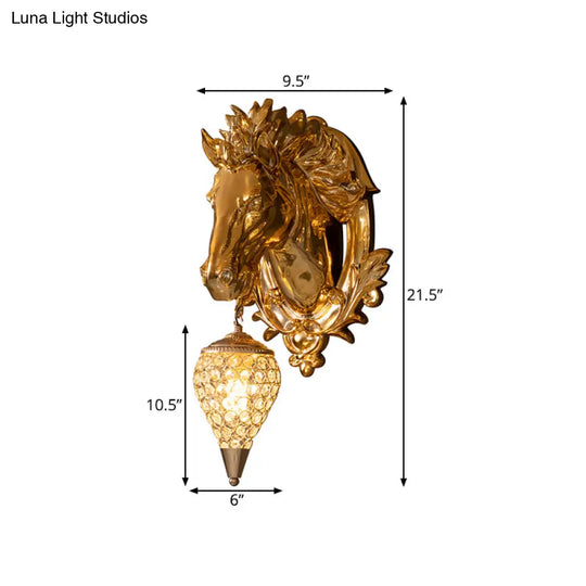 Golden Horse Resin Wall Sconce Lamp With Crystal Teardrop Shade - Traditional Lighting