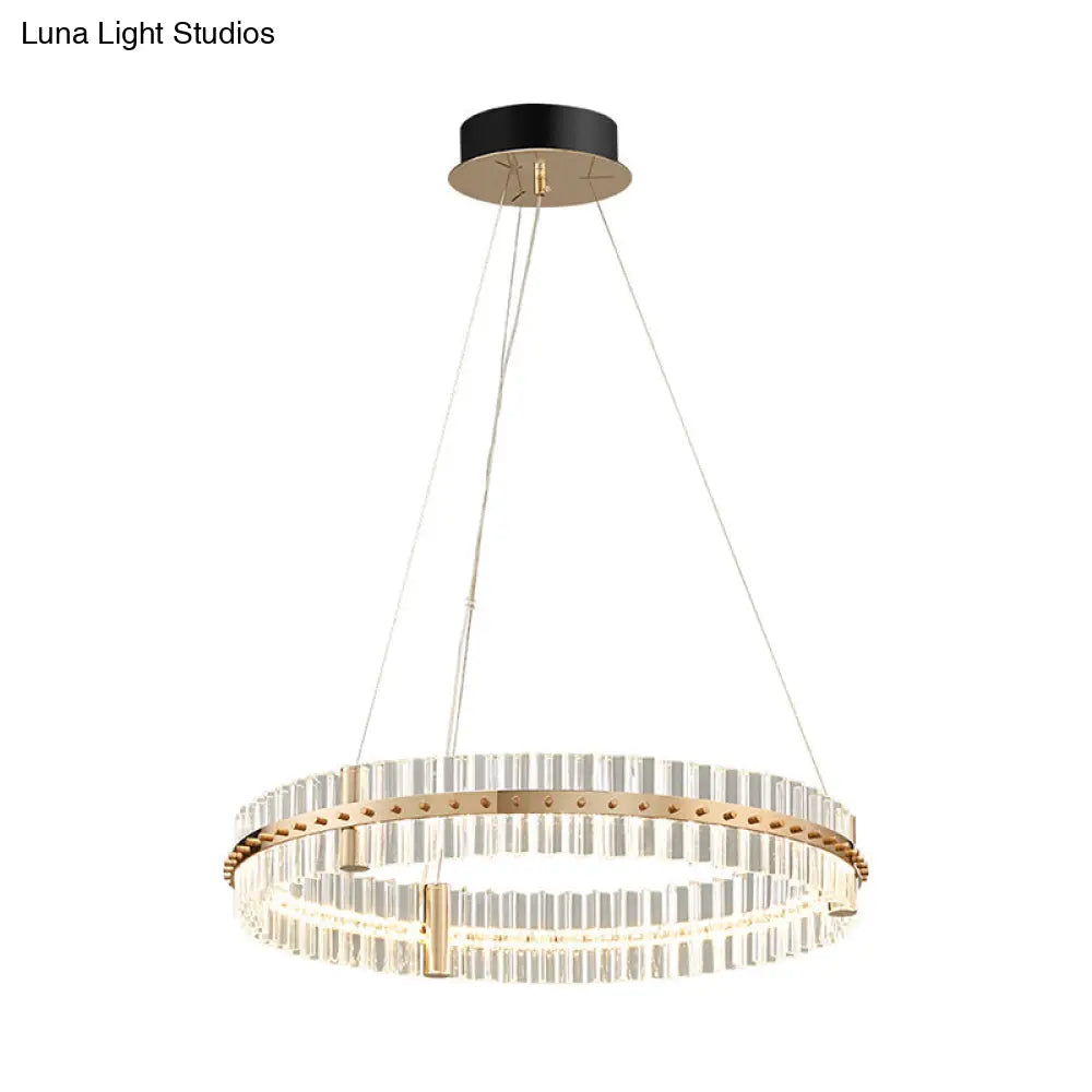 Golden Led Bedroom Pendant Light Kit With Minimalist Circular Clear Crystal Chandelier