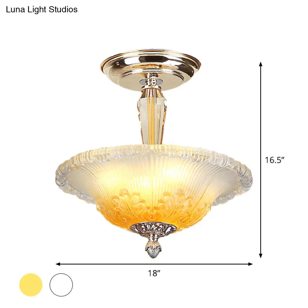 Golden Led Bowl Ceiling Light With Simple White/Yellow Crystal - Ideal For Hallway