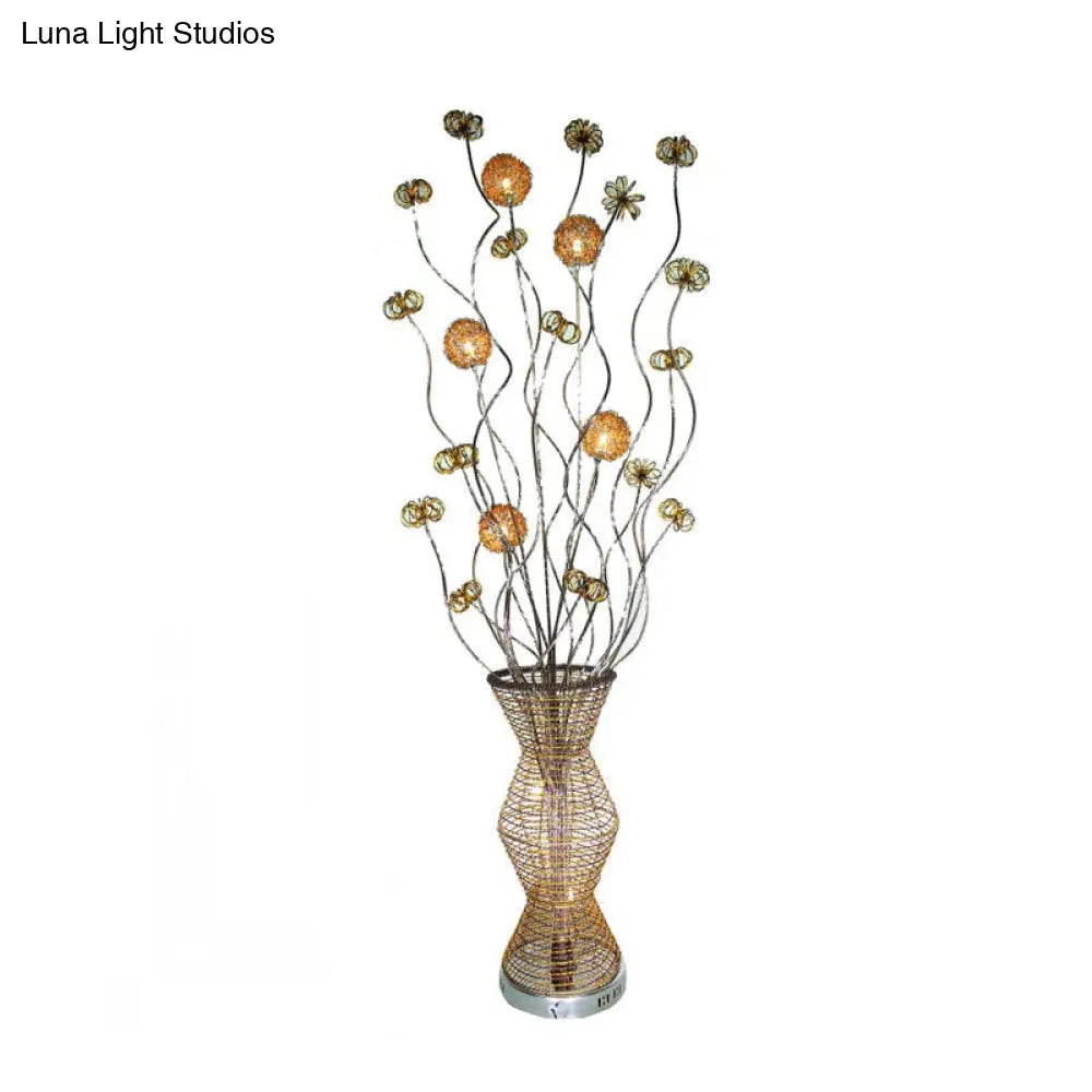 Golden Led Floor Lamp - Stylish Metallic Bamboo Basket Design With Flower Accents For Reading And