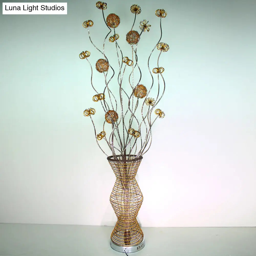 Golden Led Floor Lamp - Stylish Metallic Bamboo Basket Design With Flower Accents For Reading And