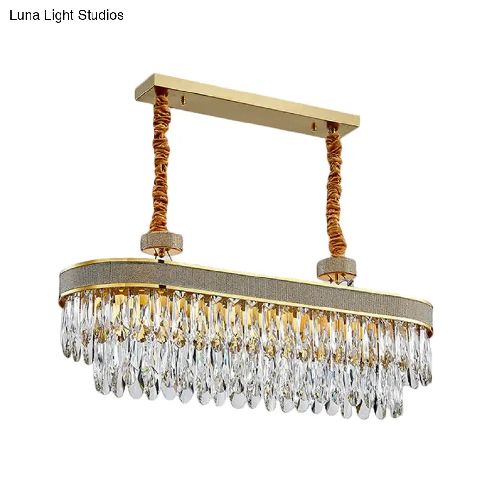 Golden Led Island Chandelier With Modern Oval Clear Crystal Drops - Stylish Ceiling Light