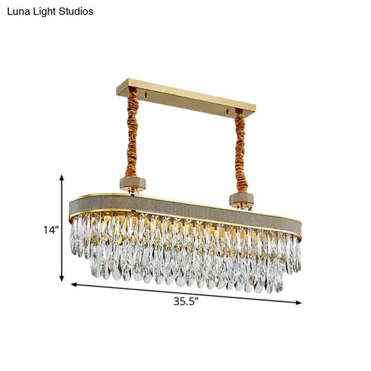 Golden Led Island Chandelier With Modern Oval Clear Crystal Drops - Stylish Ceiling Light