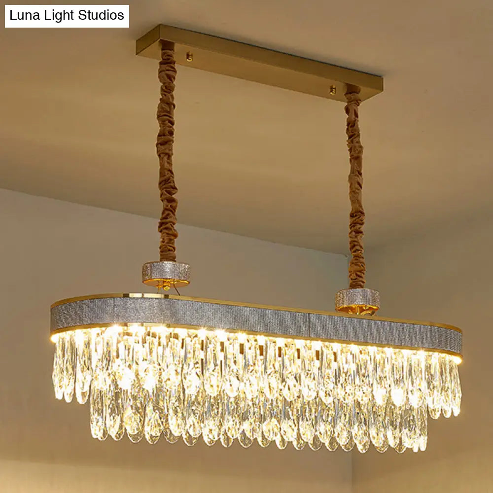 Golden Led Island Chandelier With Modern Oval Clear Crystal Drops - Stylish Ceiling Light