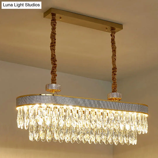 Golden Led Island Chandelier With Modern Oval Clear Crystal Drops - Stylish Ceiling Light