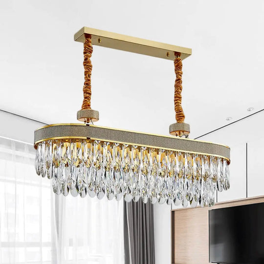 Golden Led Island Chandelier With Modern Oval Clear Crystal Drops - Stylish Ceiling Light