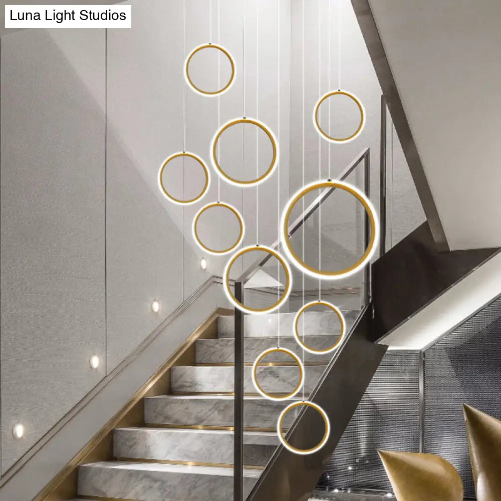 Golden Metallic Halo Pendant Light - Minimalistic Led Suspension For Stairway Gold / Round