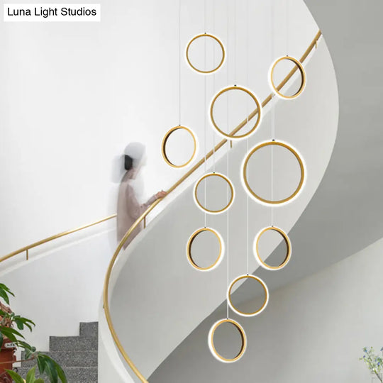 Golden Metallic Halo Pendant Light - Minimalistic Led Suspension For Stairway