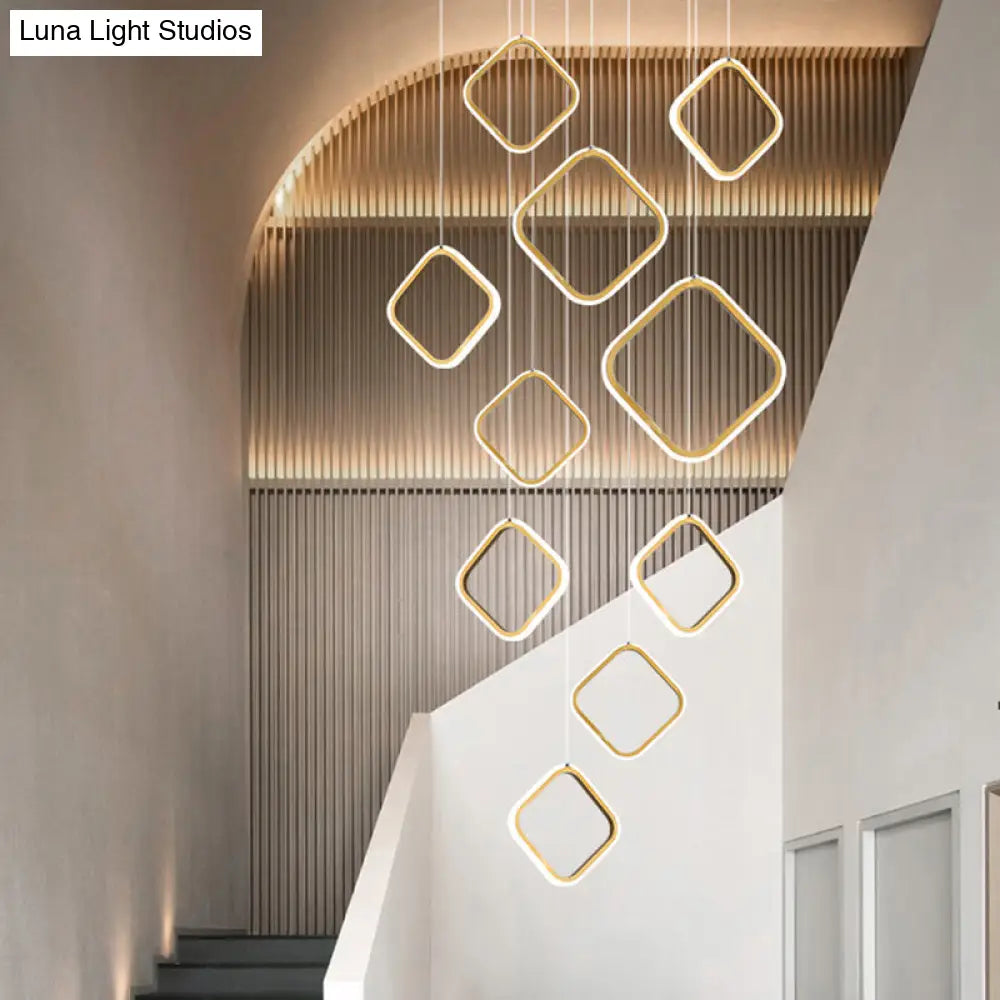 Golden Metallic Halo Pendant Light - Minimalistic Led Suspension For Stairway Gold / Square Plate