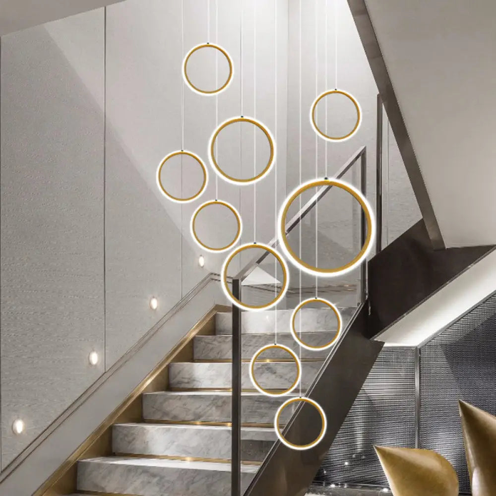 Golden Led Suspension Pendant Light - Sleek Metallic Halo Design For Stairways Gold / Round