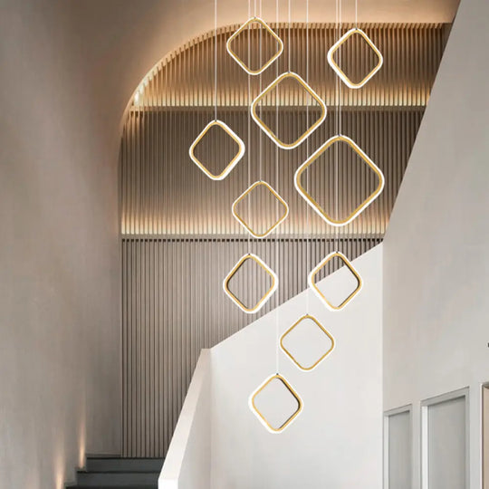 Golden Led Suspension Pendant Light - Sleek Metallic Halo Design For Stairways Gold / Square Plate