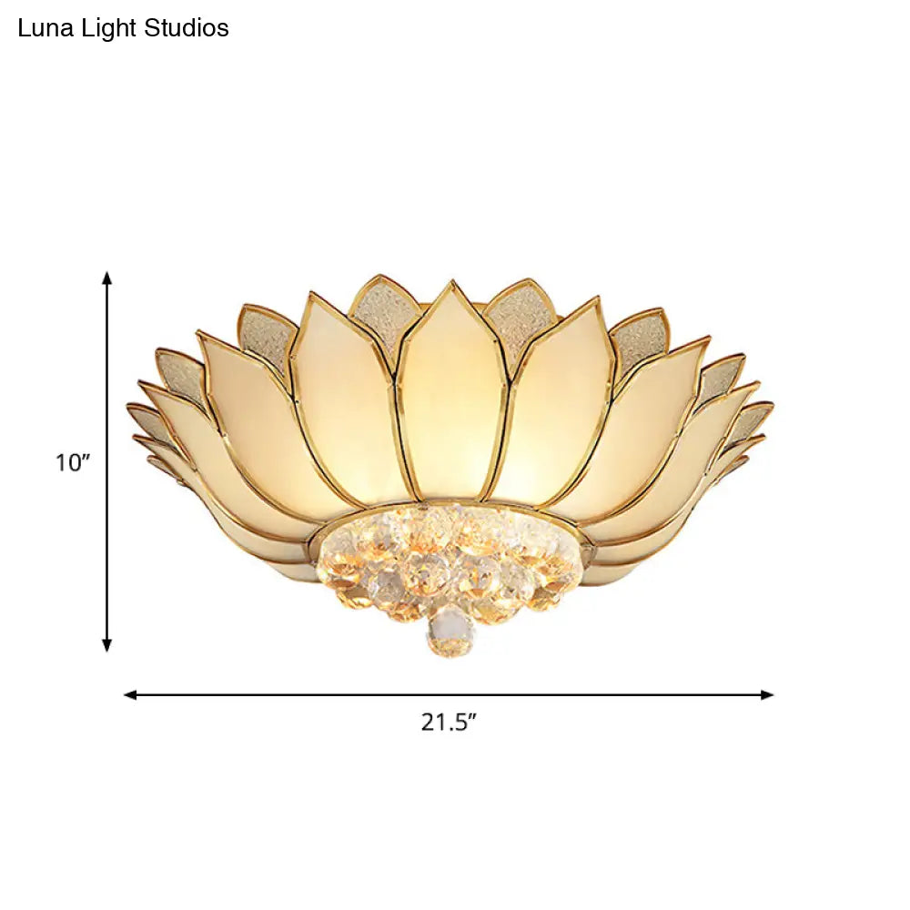 Golden Lotus Flush Mount Light - Traditional Glass Ceiling Lamp With Crystal Drop