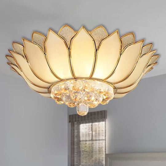 Golden Lotus Flush Mount Light - Traditional Glass Ceiling Lamp With Crystal Drop 4 / Gold