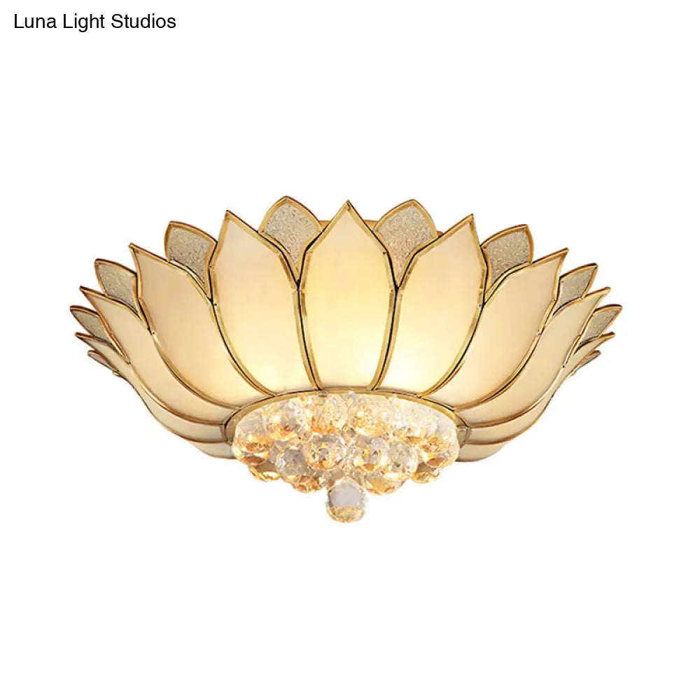 Golden Lotus Flush Mount Light - Traditional Glass Ceiling Lamp With Crystal Drop