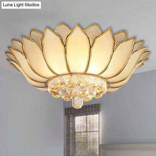Golden Lotus Flush Mount Light - Traditional Glass Ceiling Lamp With Crystal Drop 4 / Gold