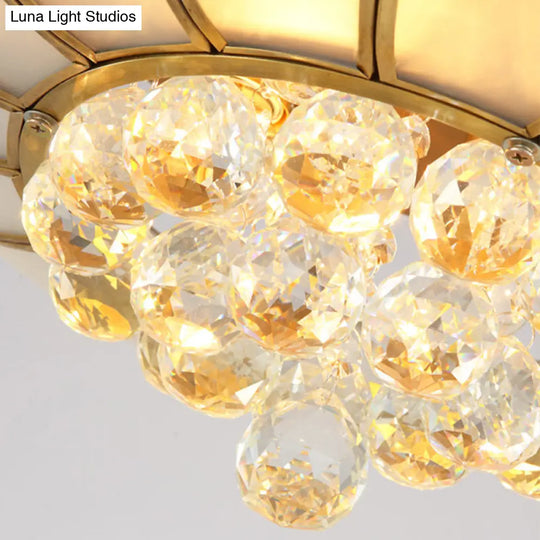 Golden Lotus Flush Mount Light - Traditional Glass Ceiling Lamp With Crystal Drop