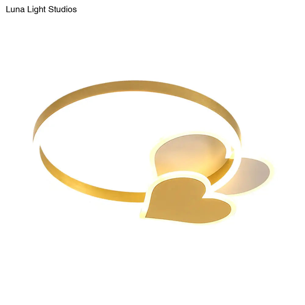 Golden Love Led Flush Mount Ceiling Light For Bedroom - Minimalist Acrylic Design With Metal Ring