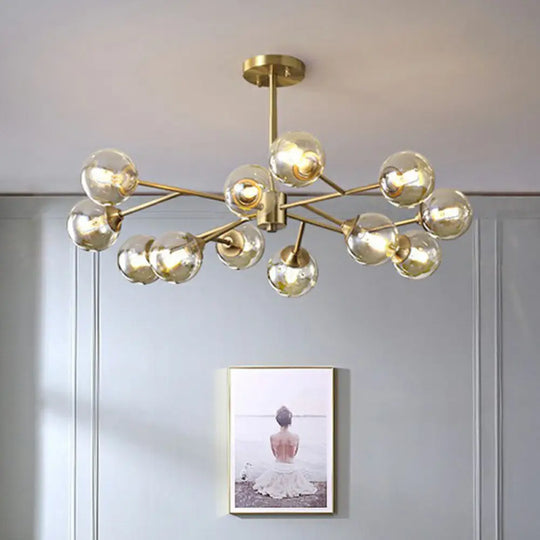 Golden Metal Chandelier With Amber Glass Shade - Modern Hanging Ceiling Light 12 / Gold