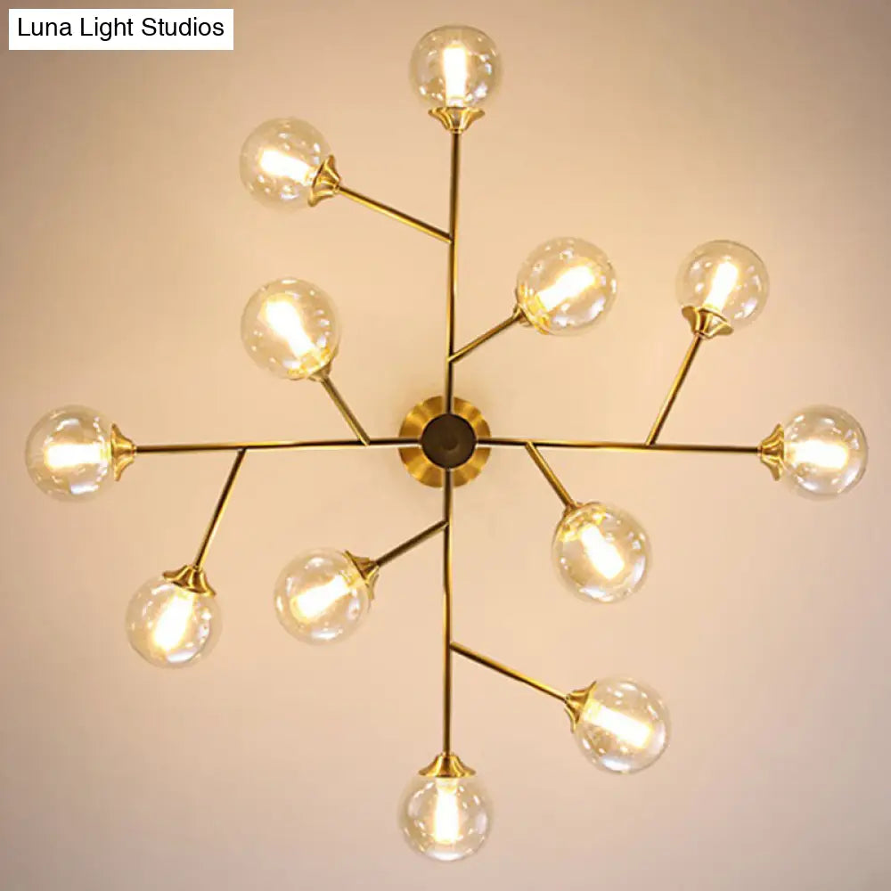 Golden Metal Chandelier With Amber Glass Shade - Modern Hanging Ceiling Light