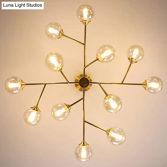 Golden Metal Chandelier With Amber Glass Shade - Modern Hanging Ceiling Light