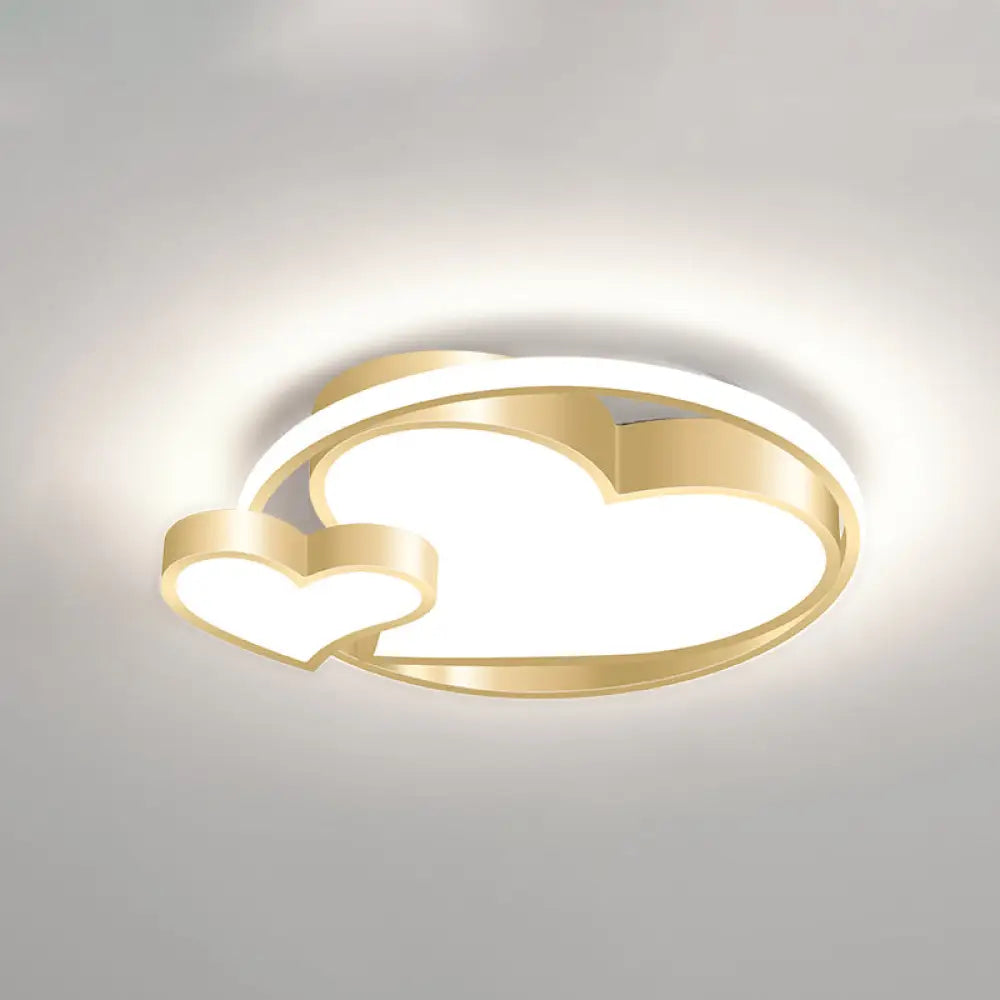 Golden Metal Flush Mount Ceiling Light With Double Heart Design For Modern Bedroom Lighting Gold /