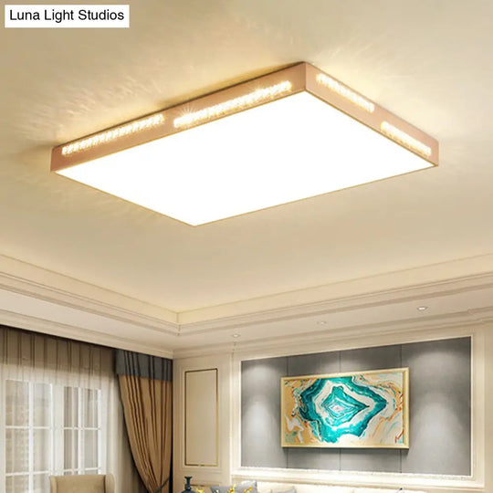 Golden Metal Led Flushmount Ceiling Lamp With Crystal Accents - Simple Square/Rectangular Design