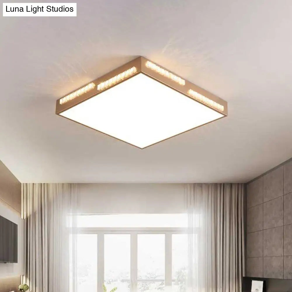 Golden Metal Led Flushmount Ceiling Lamp With Crystal Accents - Simple Square/Rectangular Design