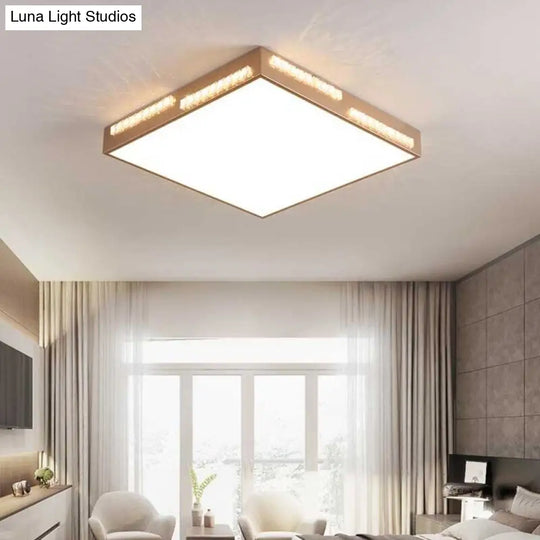 Golden Metal Led Flushmount Ceiling Lamp With Crystal Accents - Simple Square/Rectangular Design