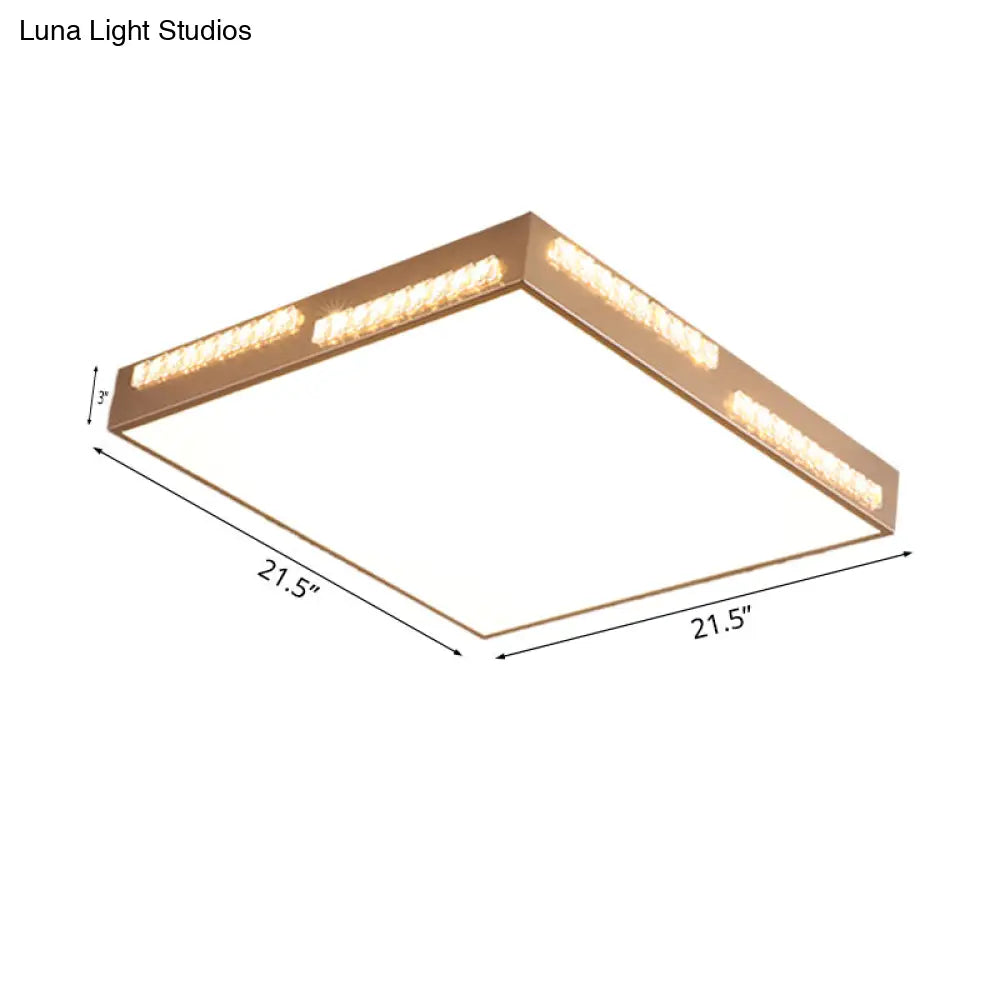 Golden Metal Led Flushmount Ceiling Lamp With Crystal Accents - Simple Square/Rectangular Design