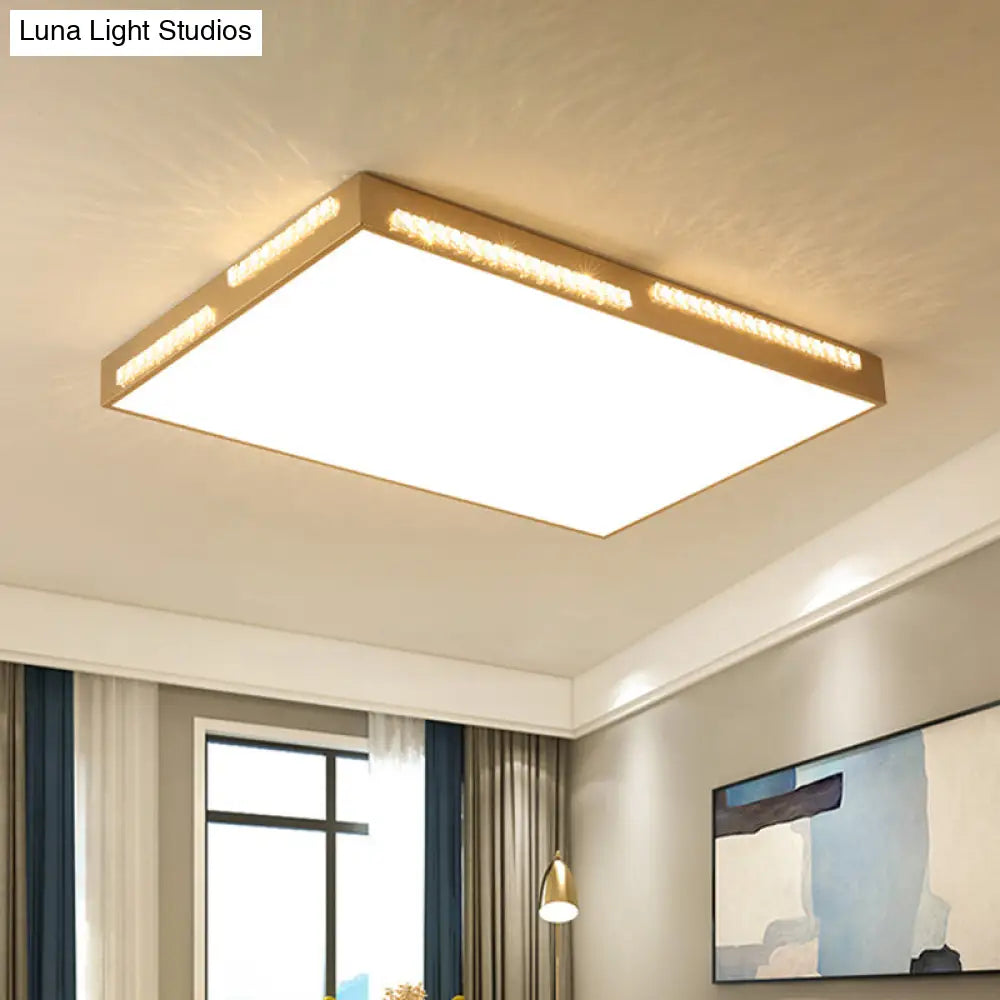 Golden Metal Led Flushmount Ceiling Lamp With Crystal Accents - Simple Square/Rectangular Design