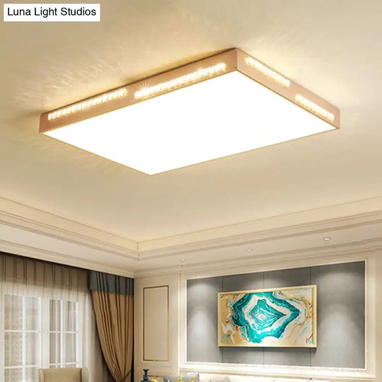 Golden Metal Led Flushmount Ceiling Lamp With Crystal Accents - Simple Square/Rectangular Design