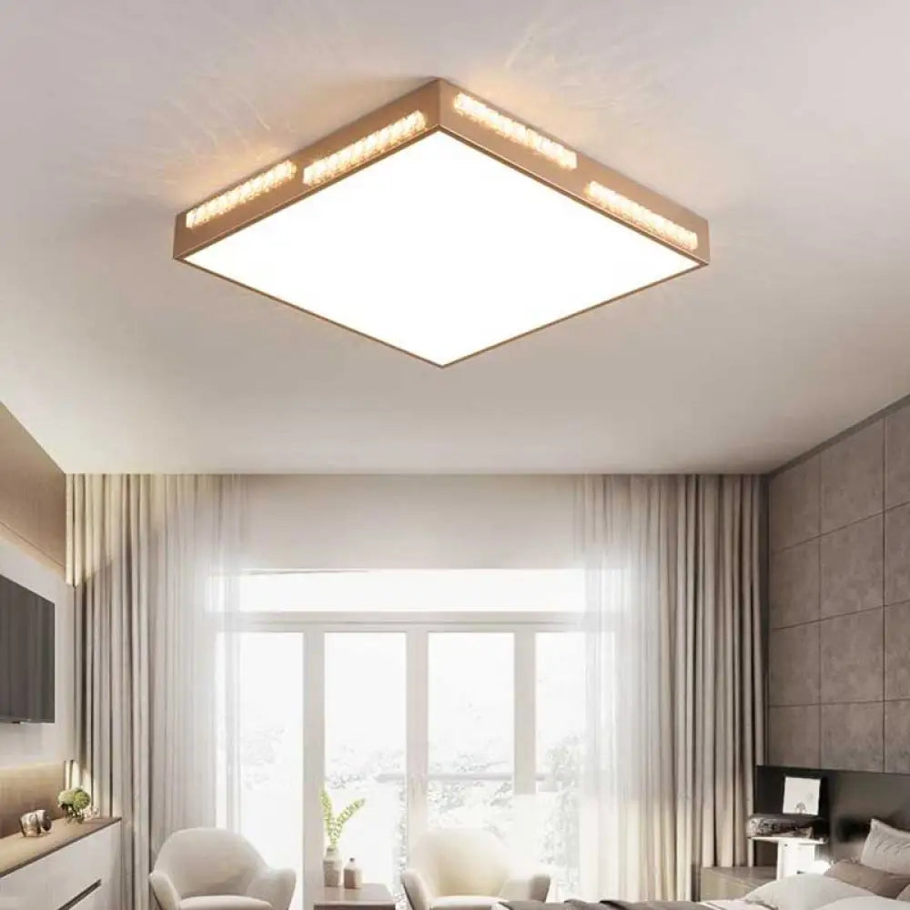 Golden Metal Led Flushmount Ceiling Lamp With Crystal Accents - Simple Square/Rectangular Design