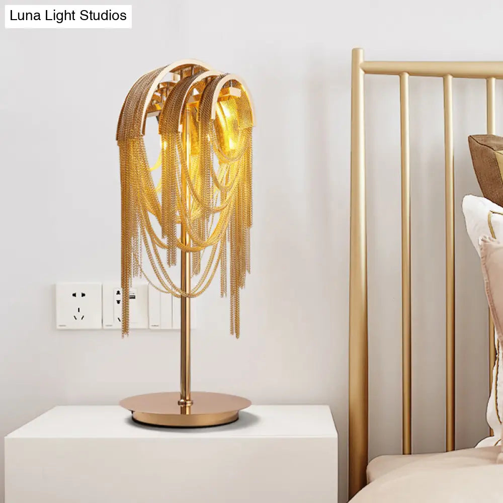 Golden Mid Century Tassel Chain Night Lamp With Aluminum Finish - Bedside Table Lighting