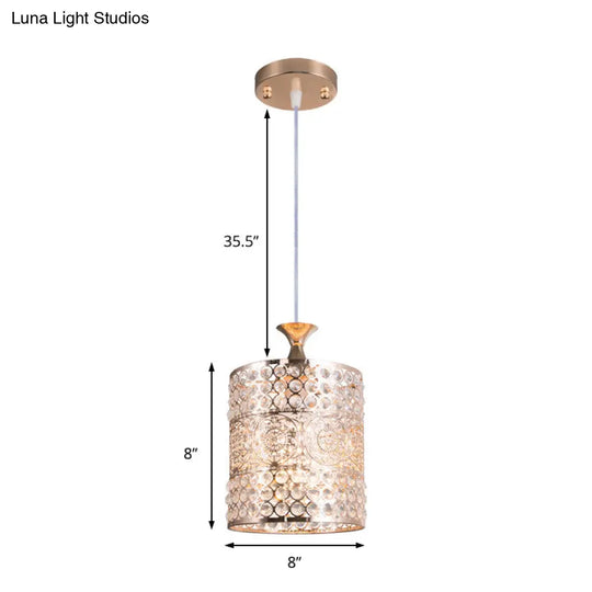 Golden Modernist Cylinder Pendant Light With Crystal Decoration - Metal Hanging Lamp 6’/7’ Width