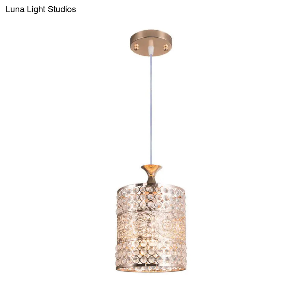 Modernist Golden Cylinder Pendant Ceiling Light With Crystal Decoration 6/7 Width