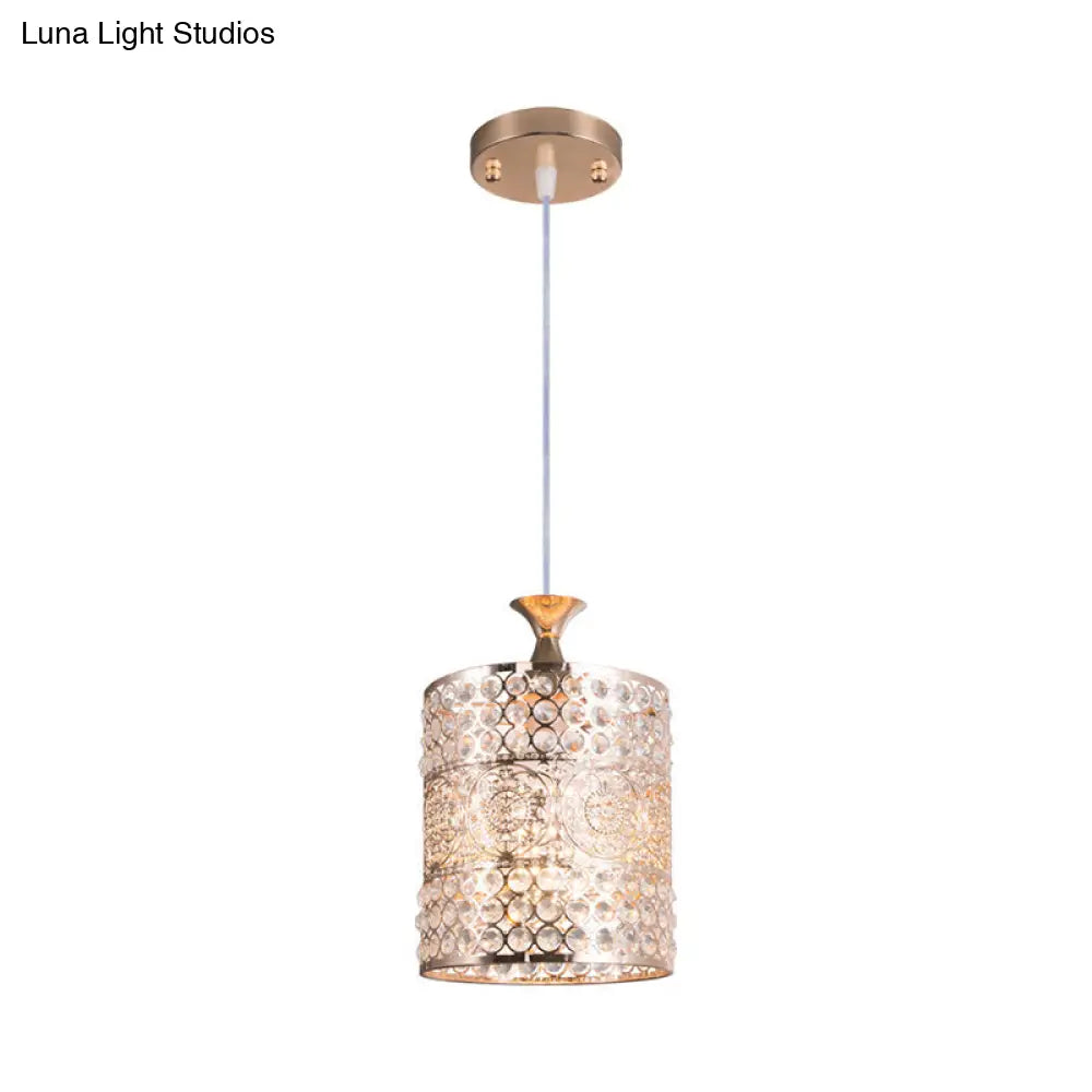 Golden Modernist Cylinder Pendant Light With Crystal Decoration - Metal Hanging Lamp 6’/7’ Width