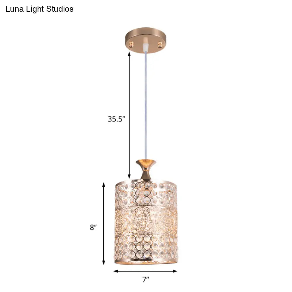 Golden Modernist Cylinder Pendant Light With Crystal Decoration - Metal Hanging Lamp 6’/7’ Width