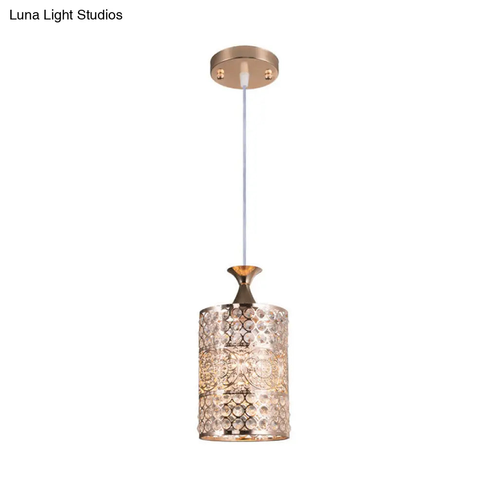 Modernist Golden Cylinder Pendant Ceiling Light With Crystal Decoration 6/7 Width