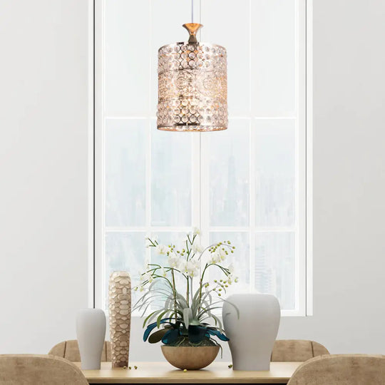 Golden Modernist Cylinder Pendant Light With Crystal Decoration - Metal Hanging Lamp 6’/7’